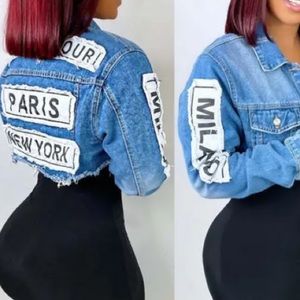 Letter Patch Ripped Raw Hem Crop Denim Coat size M